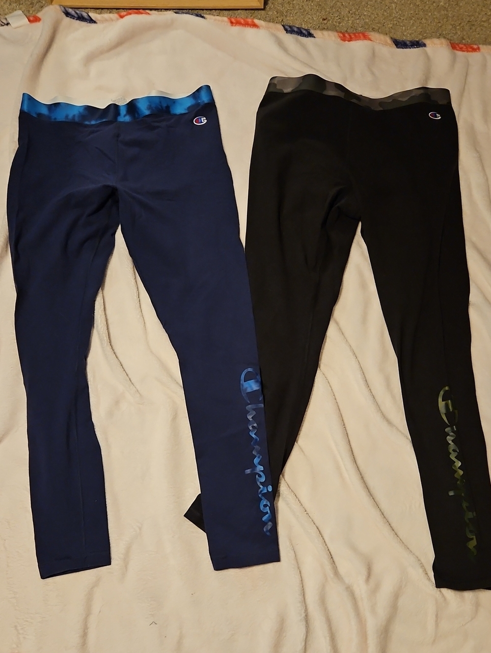 Champion Navy and Black Women's Logo Leggings - Stretch Activewear